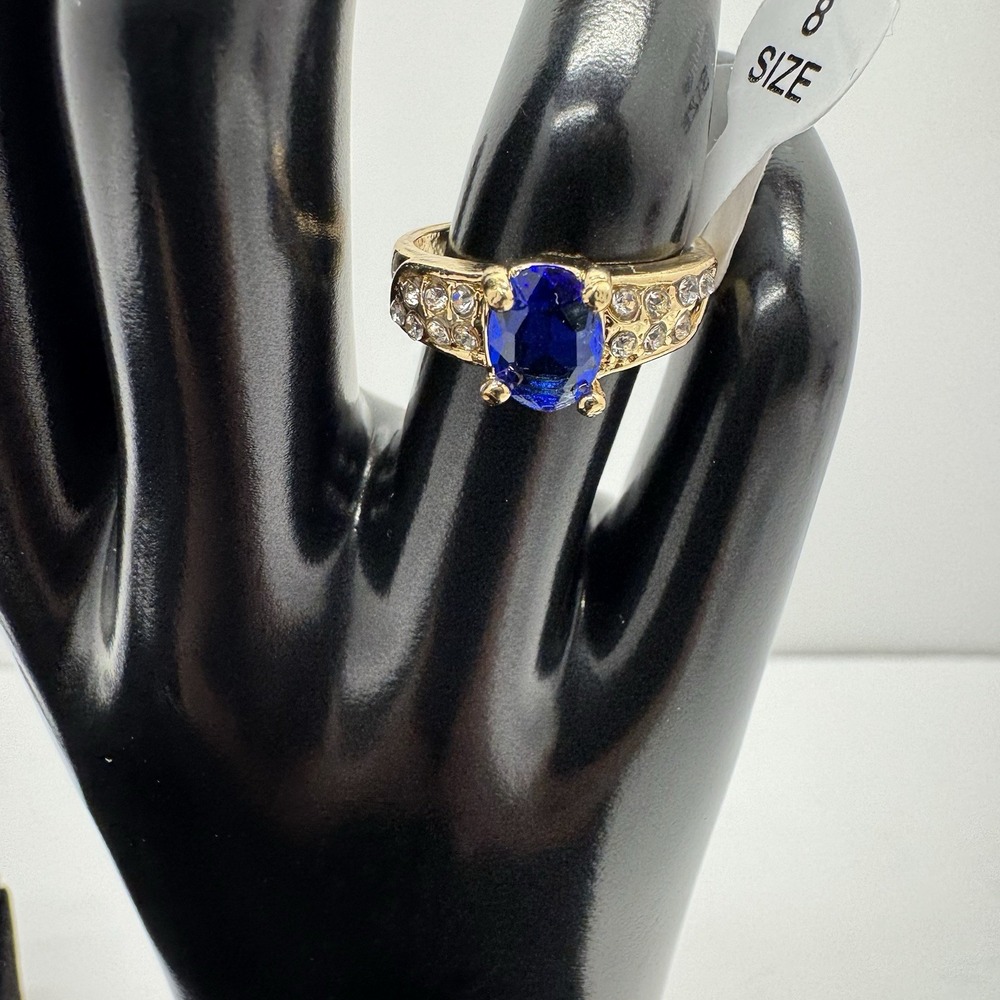 Gold Tone Royal Blue Oval Crystal Clear Rhinestone Statement Ring Size 8